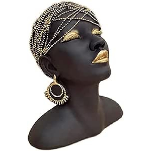 Elegant African-Inspired Bust Figurine, Black and Gold Decorative Sculpture with Beaded Headpiece and Jewelry, Perfect for Modern and Artistic Home Decor Elegant African-Inspired Bust Figurine, Black and Gold Decorative Sculpture with Beaded Headpiece and Jewelry, Perfect for Modern and Artistic Home Decor