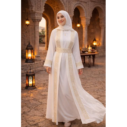 Luxury Ramadan Abaya Full Set 3 Pieces (Open Abaya + Basic Dress + Belt) Royal Crepe – Elegant Embroidery – Black & White – Ramadan Occasions & Evening