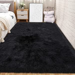 Andecor Soft Fluffy Faux Fur Bedroom Rugs 4 x 6 Feet Indoor Wool Sheepskin Area Rug for Girls Baby Living Room Chair Sofa Home Decor Floor Carpet, Black