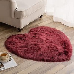 Ashler Home Deco Heart Shaped Area Rug 3 x 3 Feet, Faux Sheepskin Fur Rug Fluffy Shaggy Rug, Dark Red Soft Plush Decorative Machine Washable Carpets for Bedroom Living Room and Sofa